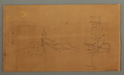 Tekening, Twee kerken, vallei, waterval, 1868