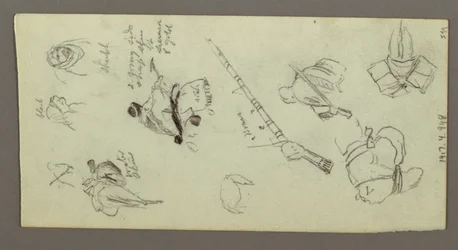 Tekening, Twee figuren rijdend op paarden, met speren, zwaard, onderste deel van een geweer, etc., mogelijk 1868