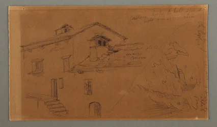 Tekening, Twee huizen, Rots, mogelijk 1868