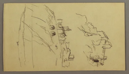 Tekening, Twee studies van een stad op een bergtop, mogelijk 1868-69