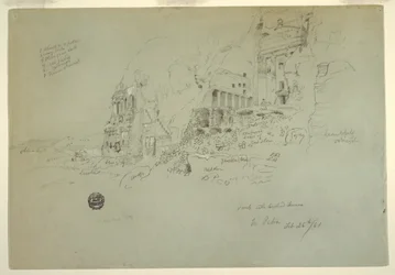 Tekening, Urnengraf, Zijdengraf en Korinthische graftombe, Petra, 26 februari 1868