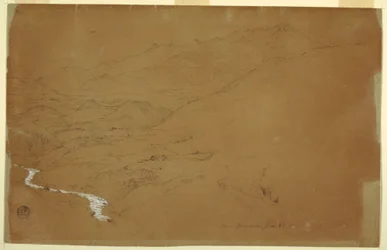 Tekening, Vallei met een stroompje en huizen, bij Guaranda, Ecuador, 4 juni 1857