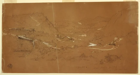 Tekening, Vallei met een brug en huizen, bij Guaranda, Ecuador, 5 juni 1857