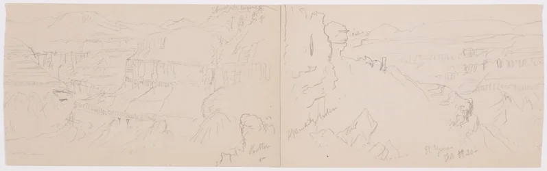 Tekening, Uitzicht over de heuvels en vlakte naar de bergen, Vallei van El Yemen, februari 1868