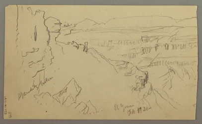 Tekening, Uitzicht over de heuvels en vlakte naar de bergen, Vallei van El Yemen, februari 1868