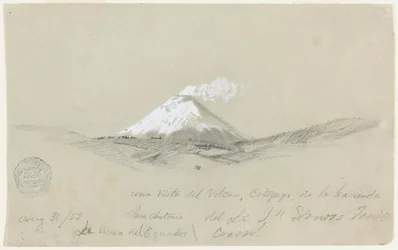 Tekening, Uitzicht op de Cotapaxi vanaf de Hacienda San Antonio, Ecuador, 30 augustus 1853