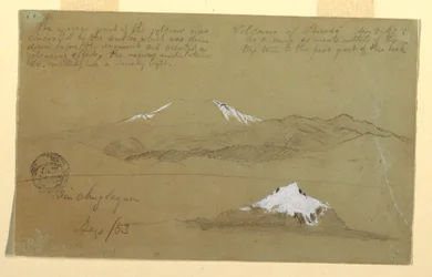 Tekening, Gezicht op de vulkaan Puresé, Colombia en de berg Sincholagua, Ecuador, 9 augustus en september 1853