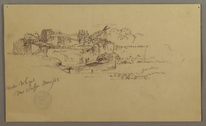 Tekening, Waterrad met bassin in een tuin, Jaffa, Palestina [Tel Aviv, Israël], maart 1868