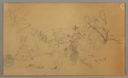 Tekening, Kronkelende rivier in een beboste vallei, Vermont, oktober 1865