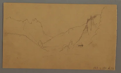 Tekening, Kronkelweg door vallei, huis, mogelijk 1868