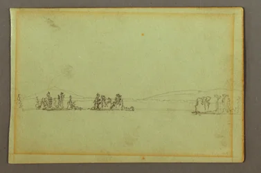 Tekening, Beboste eilanden, heuvelachtige kust, mogelijk 1856