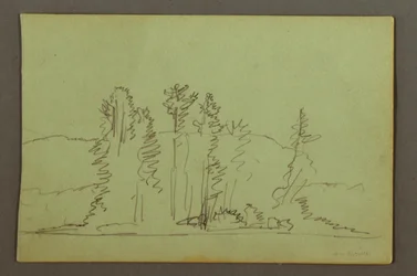 Tekening, Beboste oever van meer, mogelijk 1856