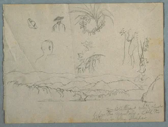 Rivieroever met bergen en wolken, drie botanische schetsen en bustestudies van mannen met hoeden