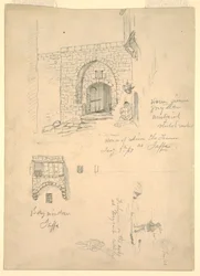 Schetsen van het huis van Semon de leerlooier, Jaffa, Palestina [Tel-Aviv, Israël] en vissers op de rotsen bij Beiroet, Syrië [Beiroet, Libanon]