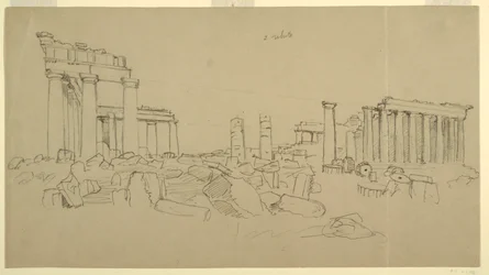 Uitzicht op het Parthenon en omliggende ruïnefragmenten vanuit het westen, Athene, Griekenland