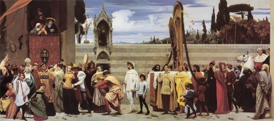 De gevierde Madonna van Cimabue wordt in processie door de straten van Florence gedragen