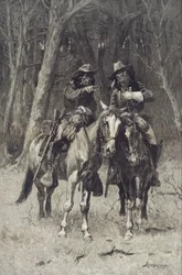 Cheyenne-verkenners patrouilleren in het grote bos van de North Canadian, Oklahoma