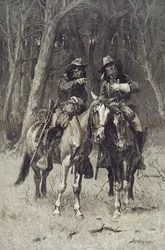 Cheyenne verkenners patrouilleren in het grote bos van de Noord-Canadees, Oklahoma, 6 april