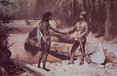 Frans-Canadese pelsjager die zaken doet met Native American, eind 19e eeuw (kleur litho)