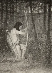 Toen, op één knie opstaand, richtte Hiawatha een pijl, uit The Song of Hiawatha door Henry Wadsworth Longfellow, uitgegeven door George G. Harrap en Company Ltd., 1911
