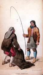De kolenlossers uit Ackermanns Wereld in Miniatuur, 19e eeuw (gekleurde litho)