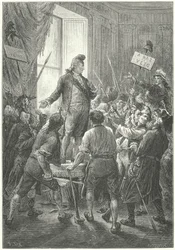 Lodewijk XVI van Frankrijk gedwongen om een Frygische muts op te zetten door de sans-culottes na hun invasie van het Tuilerieënpaleis