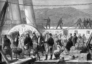 De Oosterse Oorlog (1875-1878), ook bekend als de Russisch-Turkse Oorlog: Aan de Donau, landing bij Baziarch van de gevluchte Joodse families van Rustchuck en Widdin in mei 1877 (gravure)