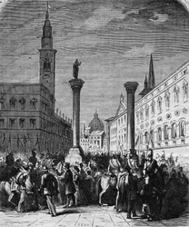 De cavalerie van het Koninkrijk Italië bezet Piazza dei Signori in Vicenza, bevrijd van de Oostenrijkers in 1866. Gravure naar een tekening van Lix. In 