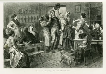 Een hirtztag, een soort carnaval waar alles is toegestaan voor vrouwen, in de Sundgau. Gravure door Lix ter illustratie van het verhaal Door de Elzas en Lotharingen, door Charles Grad, Duitse afgevaardigde, in 1885, in de tour du monde 1886, onder leiding 