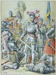 Slag bij Pavia: François I, verslagen, overhandigde zijn speer aan ridder Charles de Lannoy in 1525