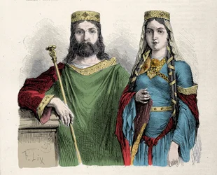 Clovis (481-511), koning der Franken, met zijn tweede vrouw, de heilige Clotilde (Clothilde), koningin. Gravure van Lix.