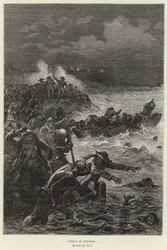 Slag bij Quiberon. Aanhangers van de Chouannerie en de Vendée-opstand proberen te vluchten voor Republikeinse troepen in Quiberon, Frankrijk, Franse Revolutie