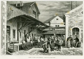 Zuivel in de Melkhal van Mulhouse. Gravure door Lix ter illustratie van het verhaal 
