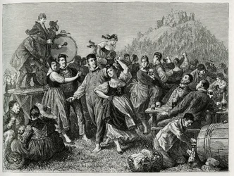 Feest van de herders op de Hohneck (Vogezen), zondag na Sint Jan. Gravure door F. Lix, ter illustratie van het verhaal 