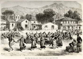 Volksdans op het dorpsplein Haggia Anna (St. Anne). Gravure naar de tekening van Lix, ter illustratie van de reis in Griekenland, door Henri Belle, in 1861-1868-1874, gepubliceerd in 