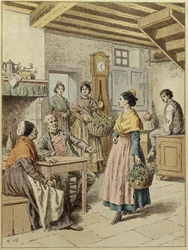 Interieur van een boerderij in de Provence, 1901 (kleurgravure)