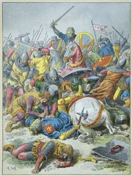 Koning Filips Auguste bij de Slag bij Bouvines in 1214 (gravure)