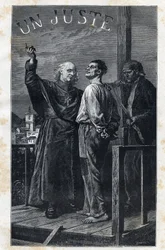 De bisschop Myriel begeleidt een terdoodveroordeelde die op de schavot klimt - Illustratie door Frederic Theodore Lix (1830-1897) voor 