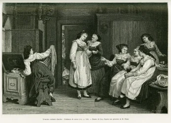 Het oude Elzasser kostuum. Gravure door Lix, naar een schilderij 
