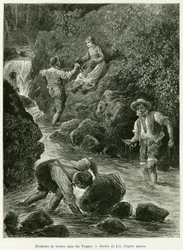 Forelvissers in de Vogezen. Gravure door Lix, ter illustratie van het verhaal Door de Elzas en Lotharingen, door Charles Grad, Duitse afgevaardigde, in 1885, in de tour du monde 1887, onder leiding van Edouard Charton (1807-1890), Hachette, Parijs.
