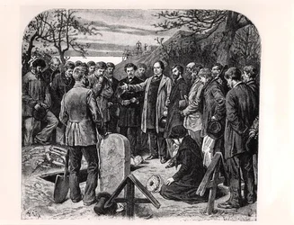 Victor Hugo (1802-85) in Guernsey houdt de grafrede van een metgezel in ballingschap, c.1880