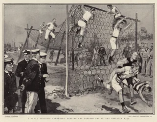 Een maritieme atletiekbijeenkomst, het beklimmen van het torpedonet in de hindernisrace