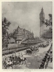 Kroningsdag, het tafereel op Parliament Square bij de aankomst van de Prins van Wales