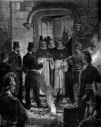 Uitdrijving van Dominicanen uit Rue de Jean de Beauvais in Parijs na de decreten van maart 1880 genomen door Jules Ferry en het verwijderen van het recht om leden van niet-erkende religieuze congregaties les te geven: het voorlezen van de kennisgeving van 