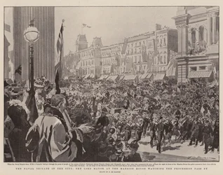 De marinebrigade in de stad, de burgemeester bij het Mansion House kijkt naar de voorbijgaande processie