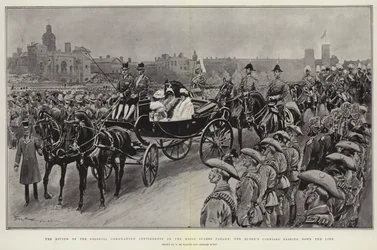 De Review van de Koloniale Kroningsdetachementen op de Horse Guards Parade, de Koets van de Koningin die langs de Lijn rijdt