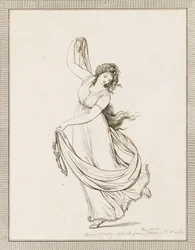 Emma, Lady Hamilton, in een klassieke pose, dansend en balancerend op haar rechtervoet