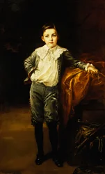 Portret van een meester Eckstein, staand in volle lengte, leunend op een gedrapeerde kist