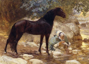 Een Arabier die zijn paard drenkt bij een rivier, ca. 1890-1900
