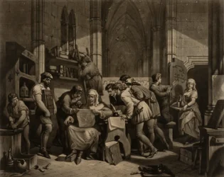 William Caxton - Eerste proefdruk van zijn drukpers in Westminster Abbey, 1474 na Christus.